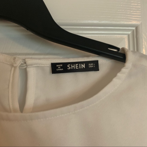 SHEIN WHITE BLOUSE SHEER SLEEVES PEARL DERAIL - Picture 2 of 3
